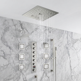 12 inch  flush-mount rainfall Mist shower systems 6 way thermostatic valve with 6 body jets and sliding bar and  regular head