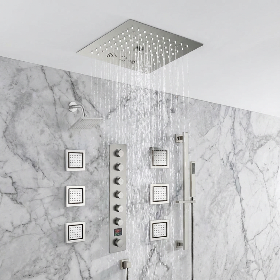 12 inch  flush-mount rainfall Mist shower systems 6 way thermostatic valve with 6 body jets and sliding bar and  regular head