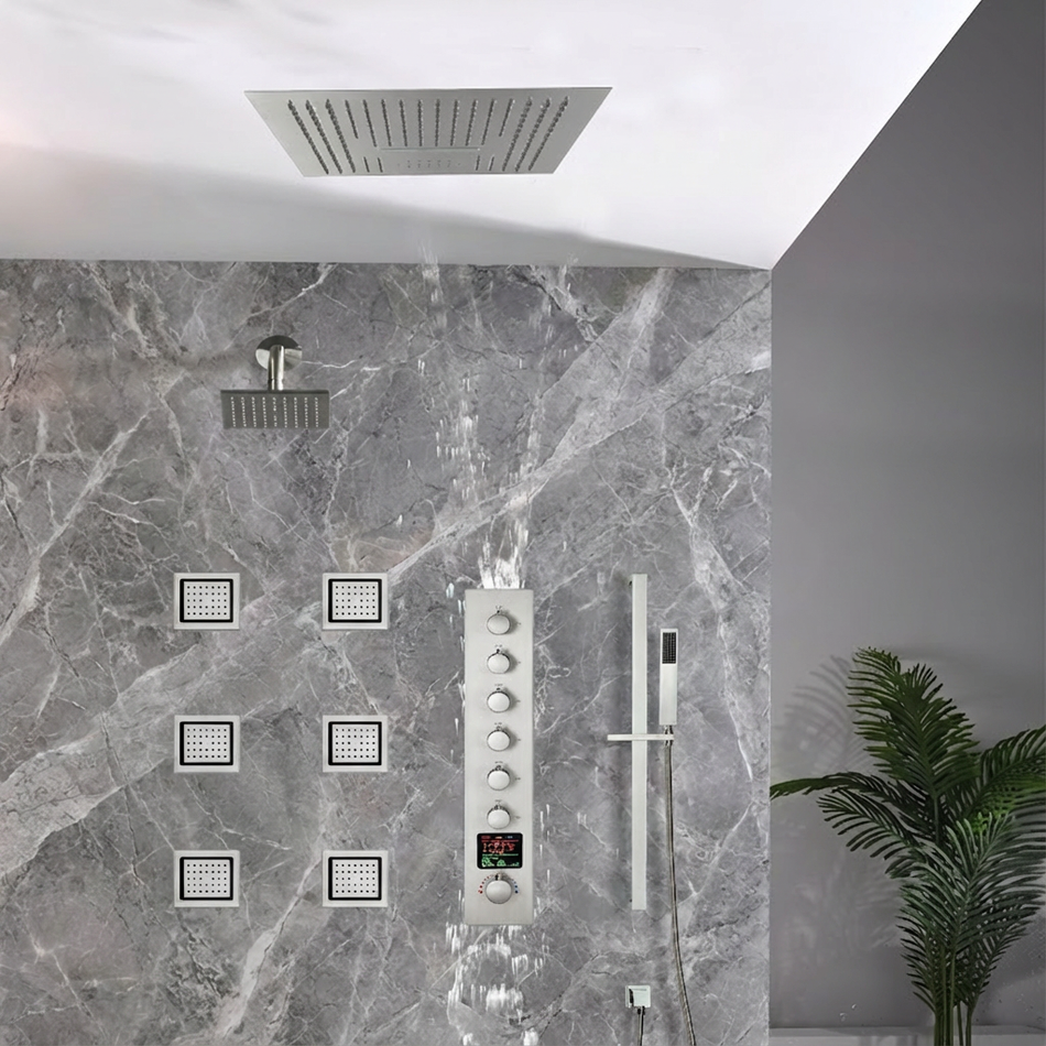 16 inch  flush-mount or ceiling mount rainfall waterfall shower systems 6 way thermostatic valve with 6 body jets and sliding bar and  regular head