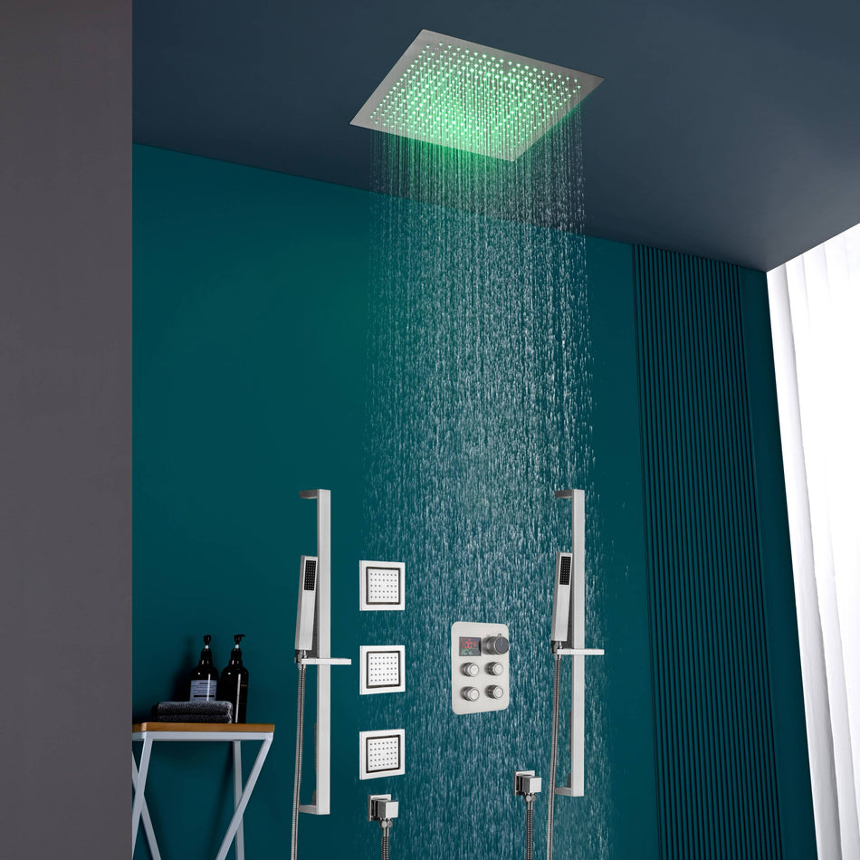 16" or 20" Flush Mount LED Rain Head Shower System with Dual Handle Wands and 3 Body Jets