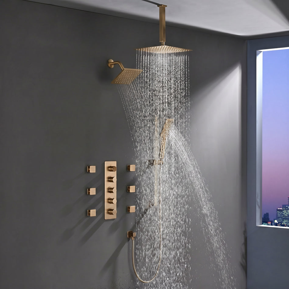 4-Way Thermostatic Shower System with 12" Rainfall Head, 6 Body Jets, Hand Shower & Slide Bar, Available in Champagne Bronze / Brushed Gold / Brushed Nickel