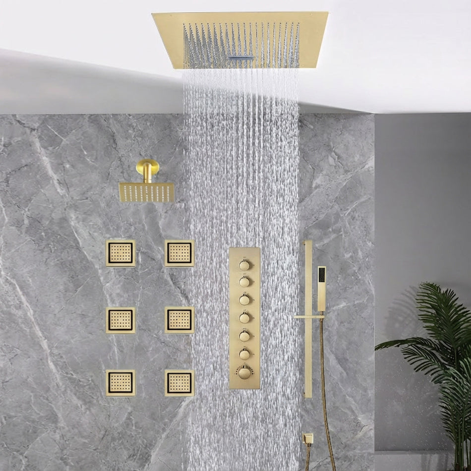 16 inch  flush-mount or ceiling mount rainfall waterfall shower systems 6 way thermostatic valve with 6 body jets and sliding bar and  regular head