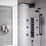 The Exquisite 22'' Matte Black 5-Way Thermostatic Shower Faucet with Waterfall, Rain Massage, Body Jet Spray, regular head and Sliding Bar