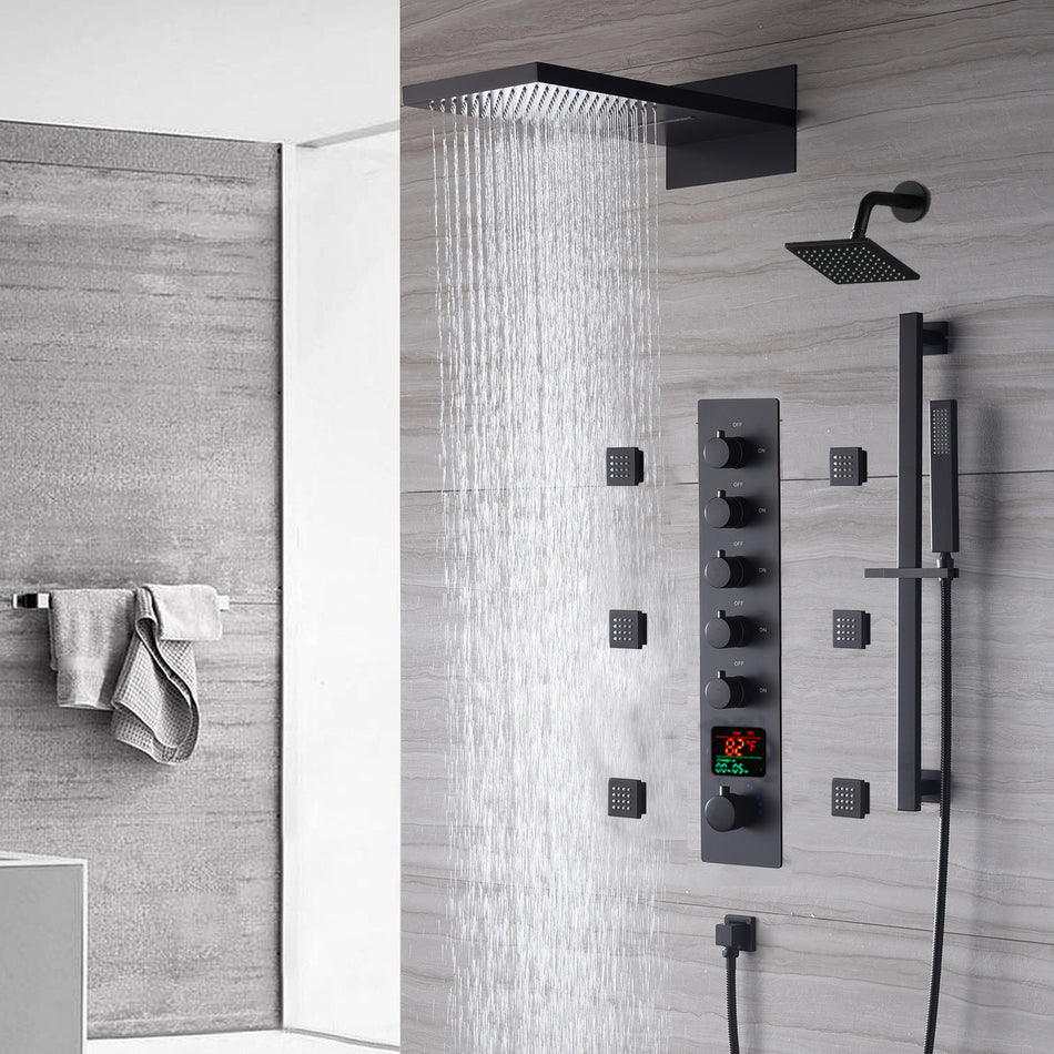 The Exquisite 22'' Matte Black 5-Way Thermostatic Shower Faucet with Waterfall, Rain Massage, Body Jet Spray, regular head and Sliding Bar
