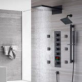 The Exquisite 22'' Matte Black 5-Way Thermostatic Shower Faucet with Waterfall, Rain Massage, Body Jet Spray, regular head and Sliding Bar