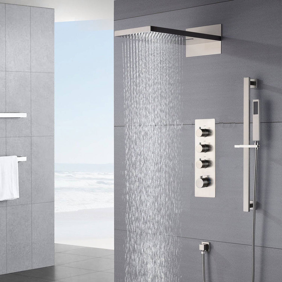 rainfall waterfall 22'' Brushed Nickel 3 Way digital display Thermostatic Shower Faucet system with sliding bar