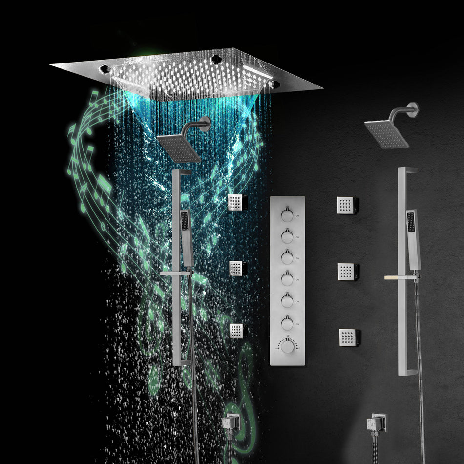 20-Inch Matte Black Or Brushed Gold or brushed nickel Rainfall, Waterfall, and Mist Shower System with LED Colors, Bluetooth Music, 6-Way Thermostatic Valve, 6 Body Jets, and Touch Panel