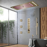 Brushed Gold 35" Bluetooth Music LED Shower System with Waterfall,rainfall water column  6-Way Digital Thermostatic Valve,  Body Jets, Touch Panel