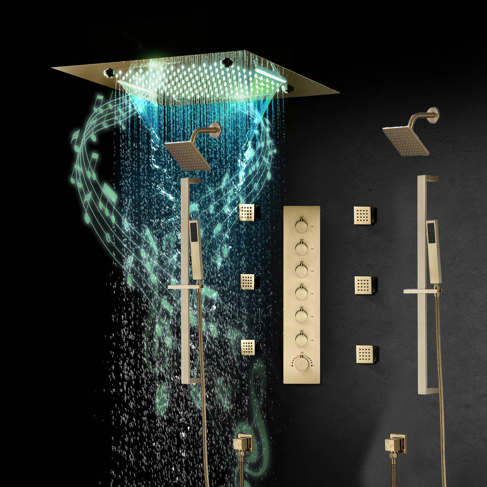 20-Inch Matte Black Or Brushed Gold Rainfall, Waterfall, and Mist Shower System with LED Colors, Bluetooth Music, 6-Way Thermostatic Valve, 6 Body Jets, and Touch Panel