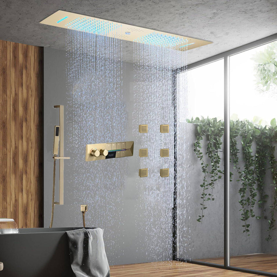 Brushed Gold 35" Bluetooth Music LED Shower System with Waterfall,rainfall water column  6-Way Digital Thermostatic Valve,  Body Jets, Touch Panel