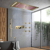 Brushed Gold 35" Bluetooth Music LED Shower System with Waterfall,rainfall water column  6-Way Digital Thermostatic Valve,  Body Jets, Touch Panel