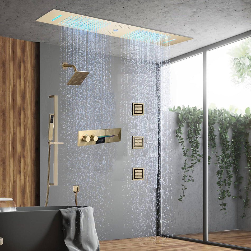 Brushed Gold 35" Bluetooth Music LED Shower System with Waterfall, 6-Way Digital Thermostatic Valve,  Body Jets, Touch Panel