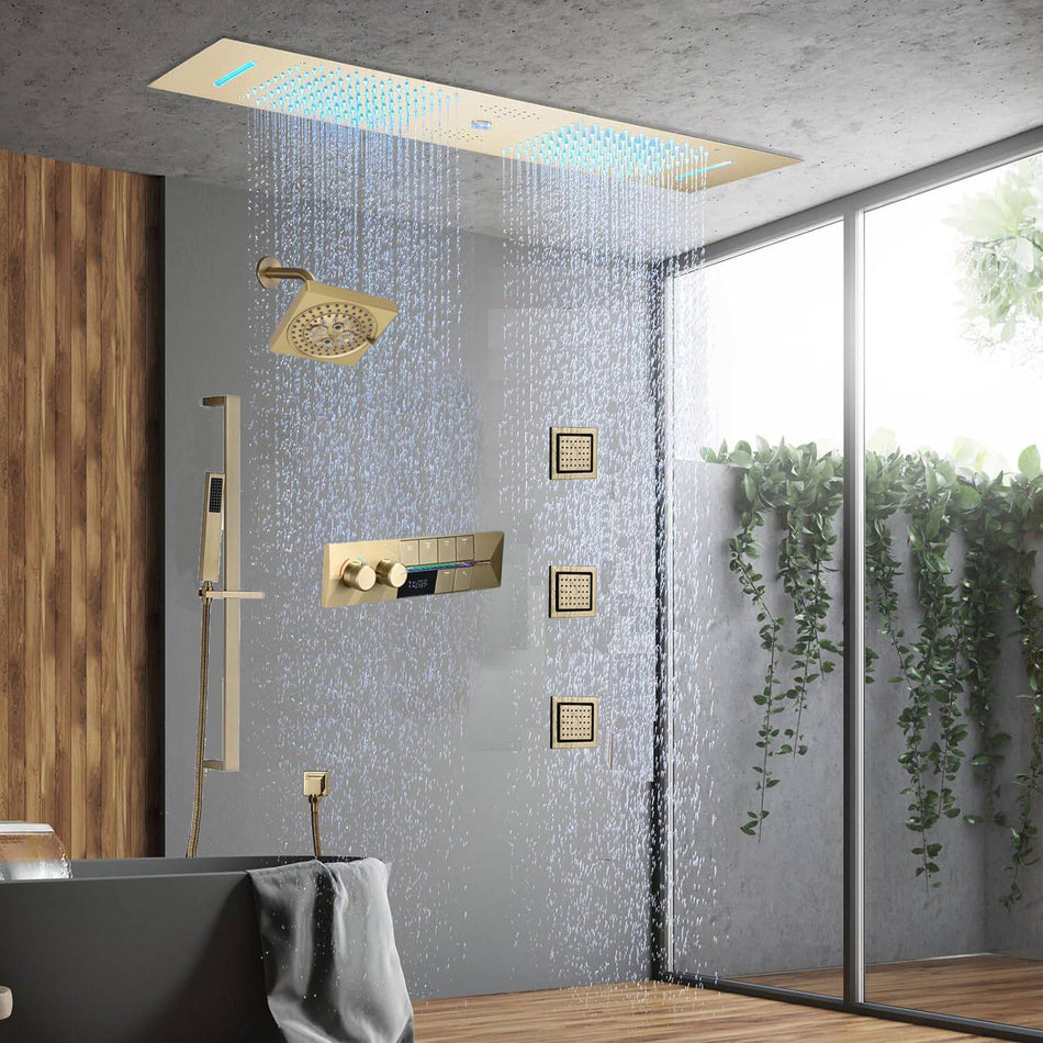 Brushed Gold 35" Bluetooth Music LED Shower System with Waterfall, 6-Way Digital Thermostatic Valve,  Body Jets, Touch Panel