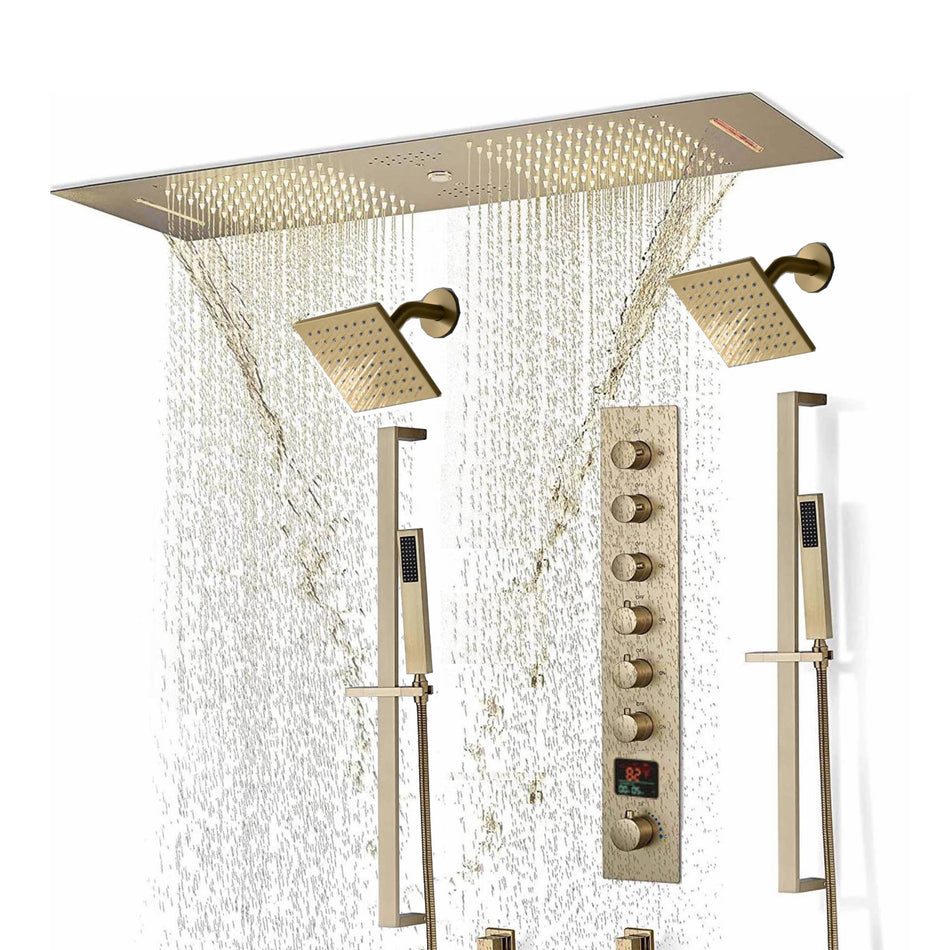 Brushed Gold or Brushed Nickel 35" Bluetooth Music LED Shower System with Waterfall, 6-Way Digital Thermostatic Shower Faucet, Dual Regular Head, Touch Panel