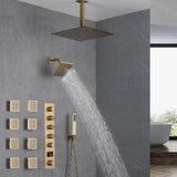 Matte Black Or Brushed nickel or Brushed Gold Rainfall Shower System: 12" or 16" with 5-Way Thermostatic Valve, Body Jets