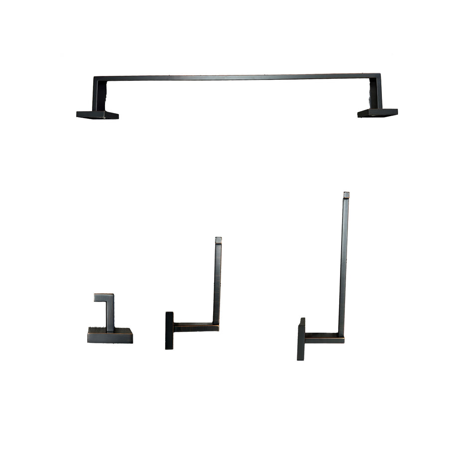 Luxurious 4-Piece  Square Oil Rubber Bronze Bathroom Hardware Set: Towel Bar, Towel Ring, Toilet Paper Holder, Robe Hook, and Tower Holder - Wall Mounted