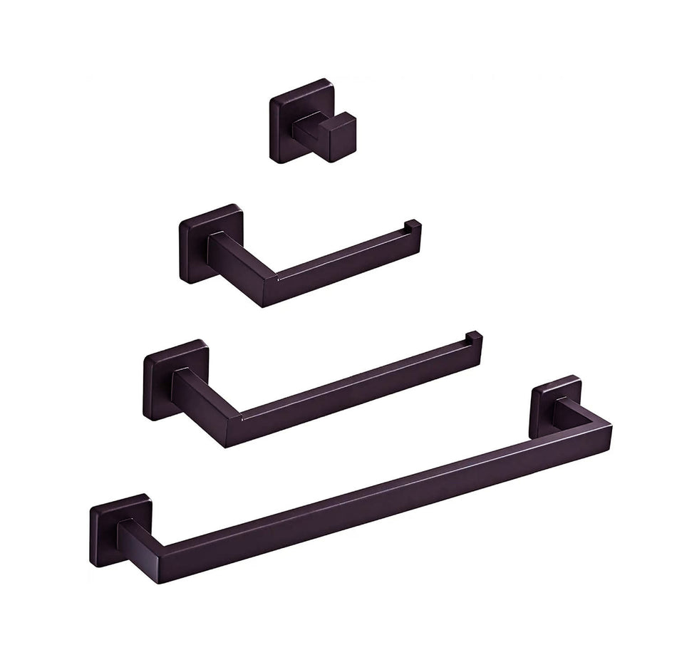 Luxurious 4-Piece  Square Oil Rubber Bronze Bathroom Hardware Set: Towel Bar, Towel Ring, Toilet Paper Holder, Robe Hook, and Tower Holder - Wall Mounted