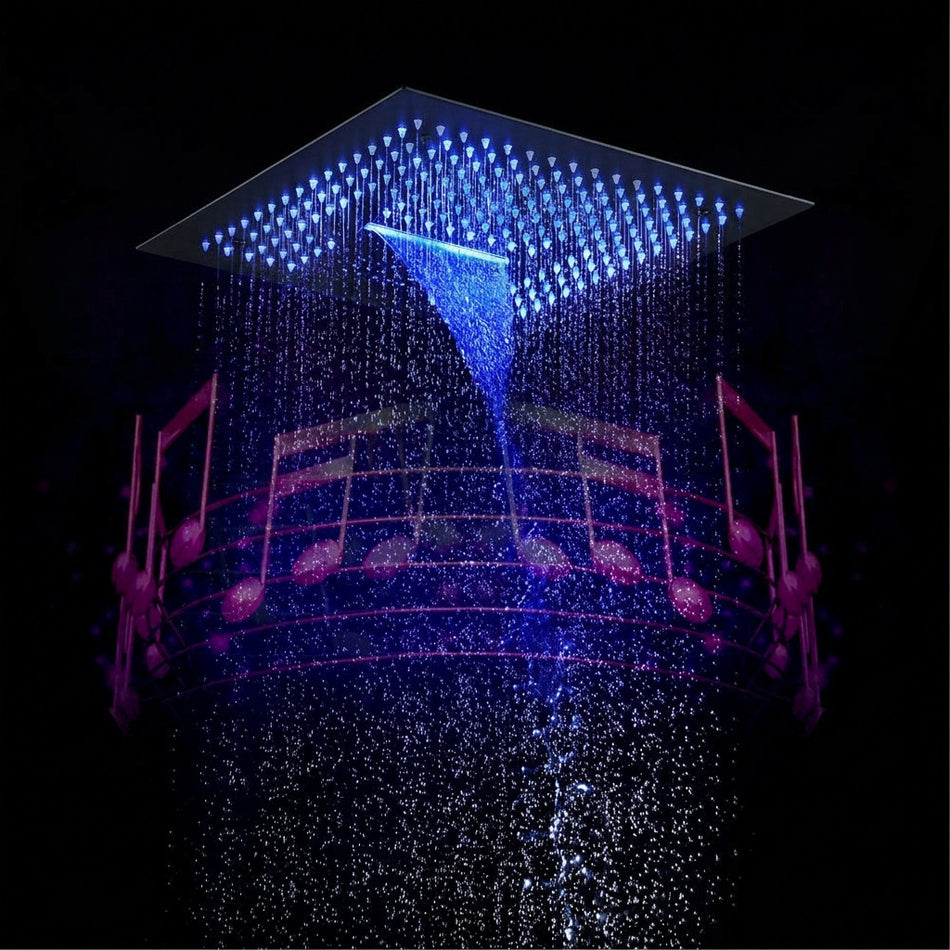 16-Inch Flushed Mount Shower Head: Rainfall, Waterfall, 64 LED Lights, Bluetooth Music, 4 Finish Colors Available