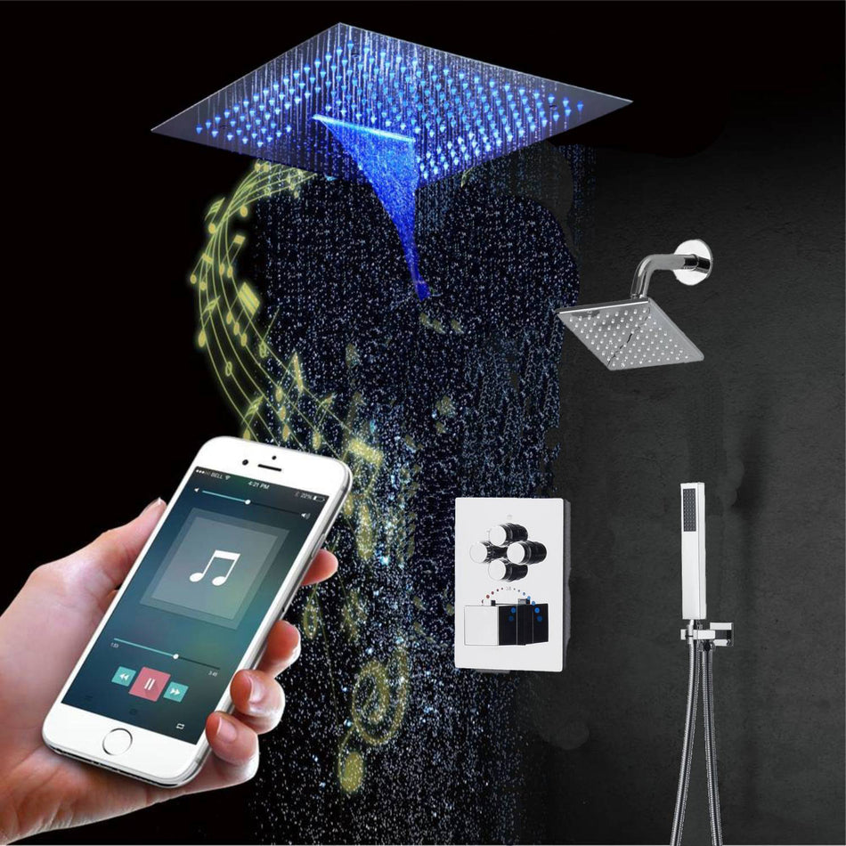 16-Inch Chrome Pressure-Balance Shower Faucet: Flush-Mounted, 4-Way  Control, 64-Color LED Lighting, Bluetooth Music