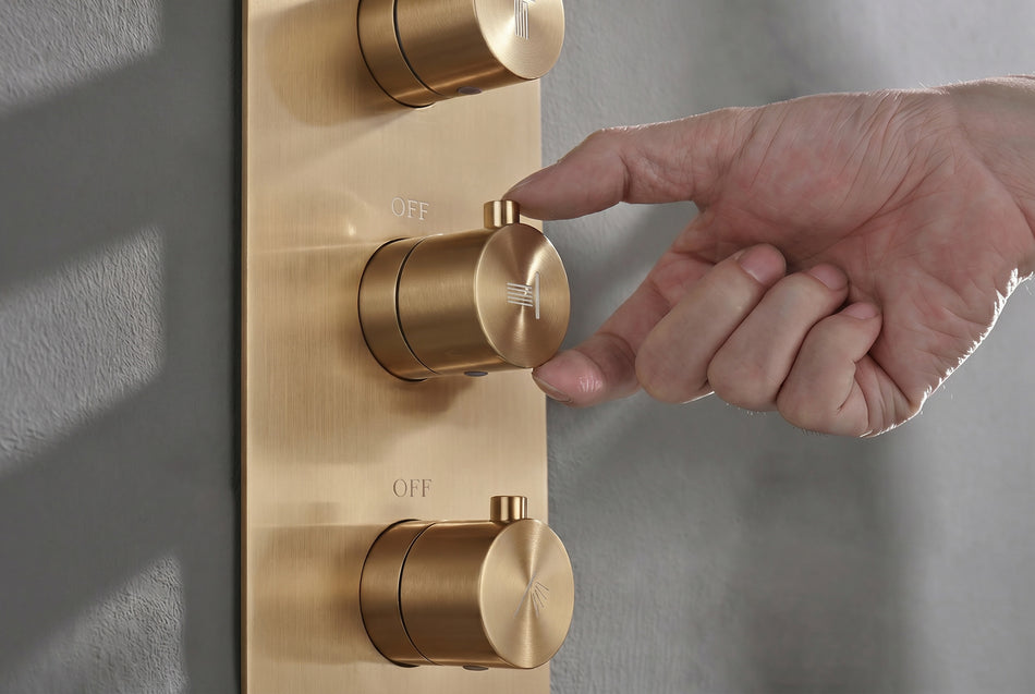 The Ultimate 22'' Brushed Nickel or brushed gold 4-Way Thermostatic Shower Faucet with Waterfall, Rain Massage, Body Jet Spray, and Sliding Bar