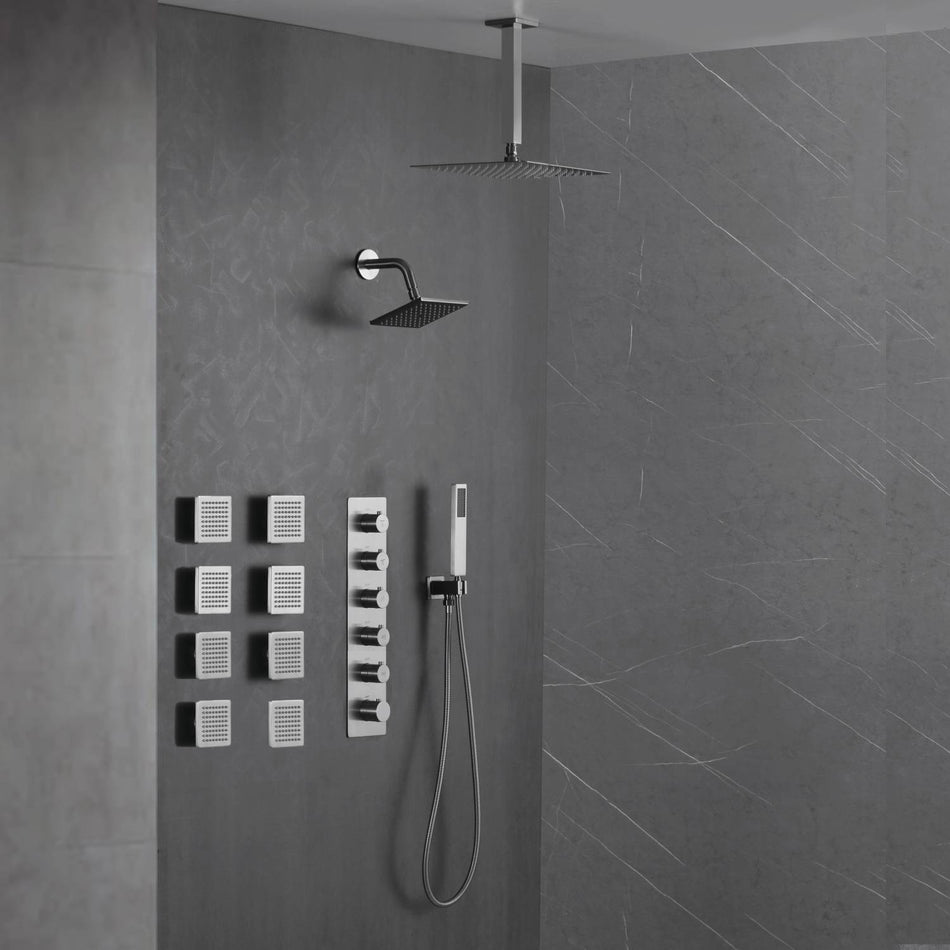 Matte Black Or Brushed nickel or Brushed Gold Rainfall Shower System: 12" or 16" with 5-Way Thermostatic Valve, Body Jets