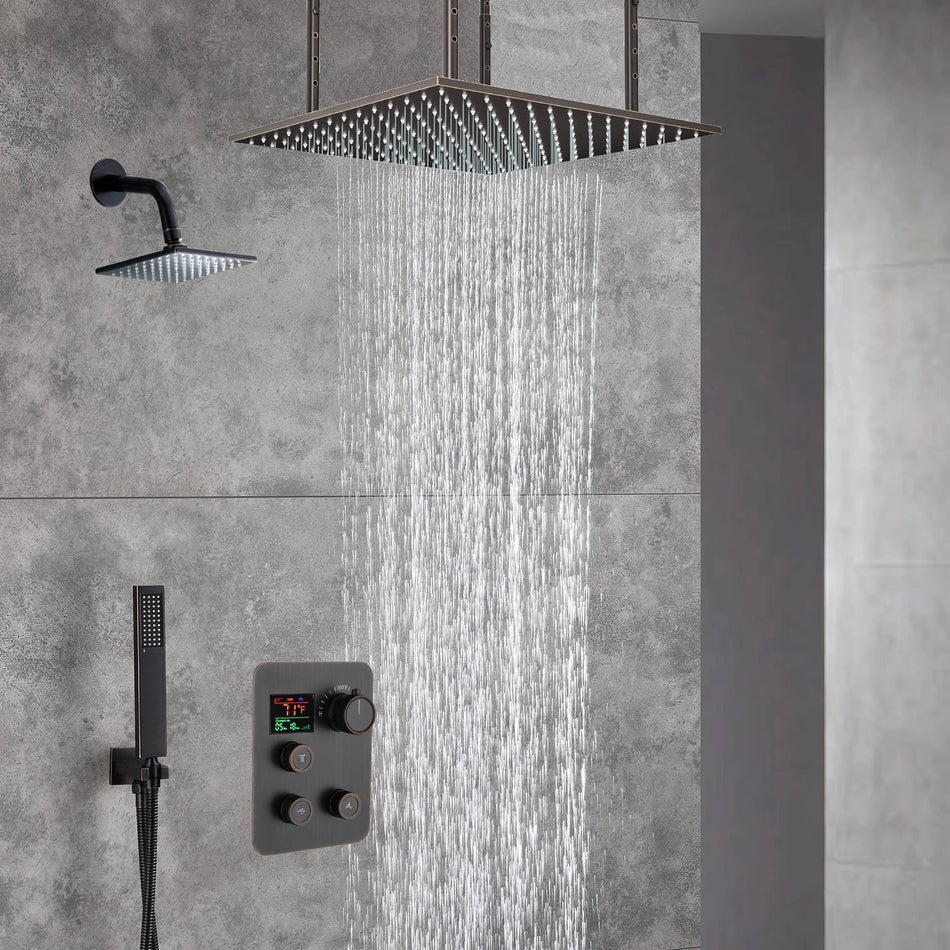 20-Inch Oil Rubbed Bronze Ceiling-Mounted Rainfall Shower Faucet with 3-Way Thermostat - Includes 6'' Regular Head and Handle Wand