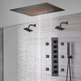 20-Inch or 24-Inch Matte Black Flush Mount Rainfall Shower System: Complete with 6-Way Thermostatic Valve and 6 Body Jets and Dual Regular Heads