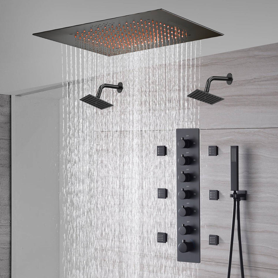 20-Inch or 24-Inch Matte Black Flush Mount Rainfall Shower System: Complete with 6-Way Thermostatic Valve and 6 Body Jets and Dual Regular Heads