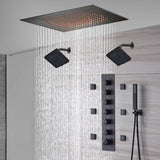 20-Inch or 24-Inch Matte Black Flush Mount Rainfall Shower System: Complete with 6-Way Thermostatic Valve and 6 Body Jets and Dual Regular Heads