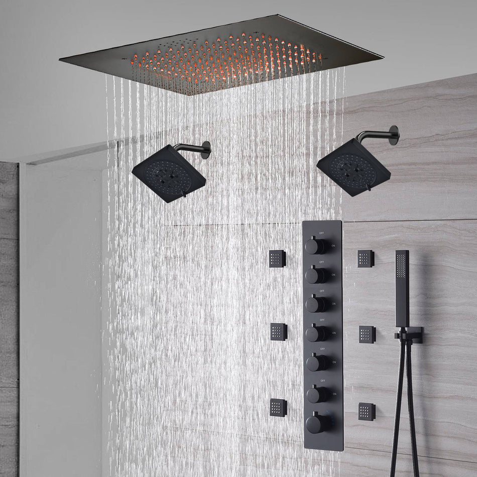 20-Inch or 24-Inch Matte Black Flush Mount Rainfall Shower System: Complete with 6-Way Thermostatic Valve and 6 Body Jets and Dual Regular Heads