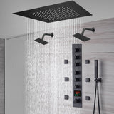 20-Inch or 24-Inch Matte Black Flush Mount Rainfall Shower System: Complete with 6-Way Thermostatic Valve and 6 Body Jets and Dual Regular Heads