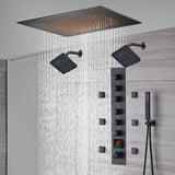 20-Inch or 24-Inch Matte Black Flush Mount Rainfall Shower System: Complete with 6-Way Thermostatic Valve and 6 Body Jets and Dual Regular Heads
