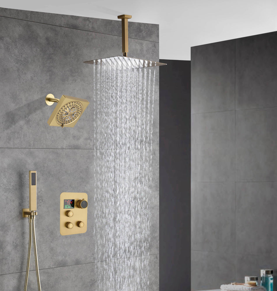 Brushed gold Ceiling mount rainfall shower head 3 way Thermostatic Shower system with 6 inch high water pressure shower head wall mount