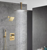 Brushed gold Ceiling mount rainfall shower head 3 way Thermostatic Shower system with 6 inch high water pressure shower head wall mount