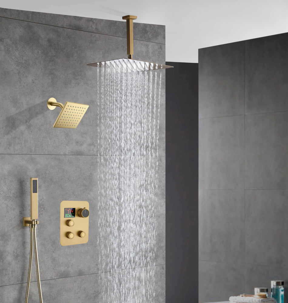 Brushed gold Ceiling mount rainfall shower head 3 way Thermostatic Shower system with 6 inch high water pressure shower head wall mount