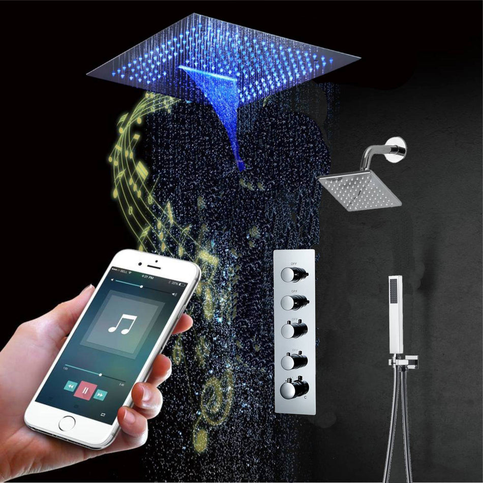 16-Inch Chrome Pressure-Balance Shower Faucet: Flush-Mounted, 4-Way  Control, 64-Color LED Lighting, Bluetooth Music