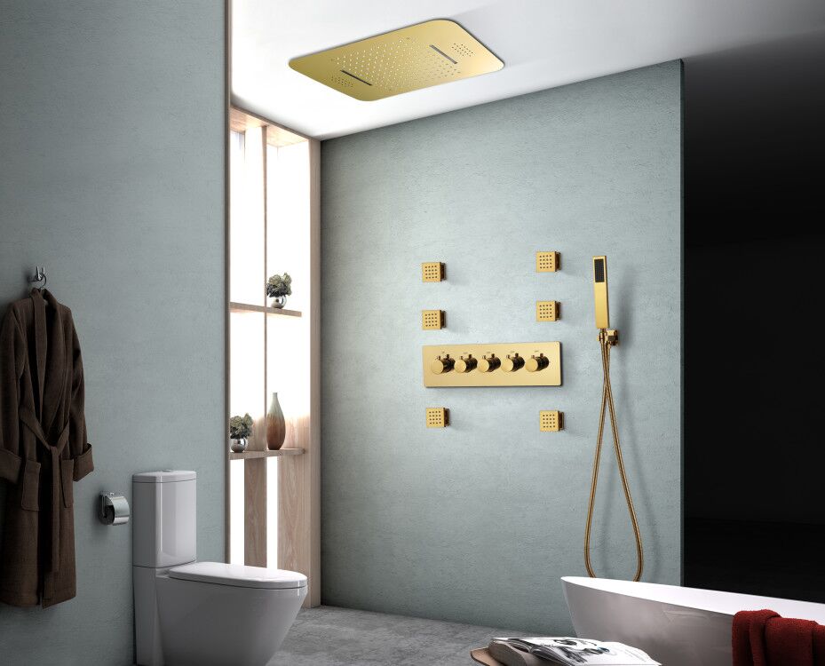 Elegant Gold 23x15 inch LED Music Shower Head with 4-Way Thermostatic Valve for Simultaneous and Independent Operation - wonderland shower inc