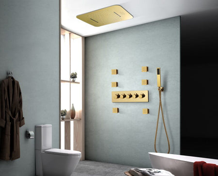 Elegant Gold 23x15 inch LED Music Shower Head with 4-Way Thermostatic Valve for Simultaneous and Independent Operation - wonderland shower inc