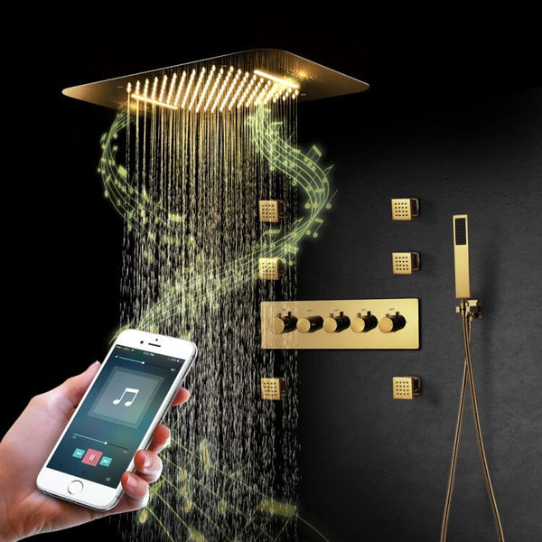 Elegant Gold 23x15 inch LED Music Shower Head with 4-Way Thermostatic Valve for Simultaneous and Independent Operation - wonderland shower inc