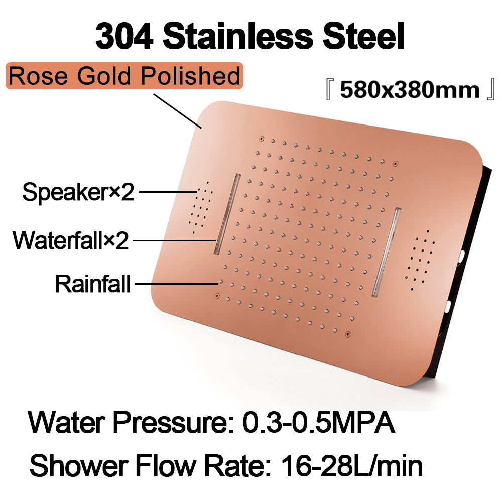 Rose Gold Music 64 LED 4-Way Thermostatic Shower System | Flushed In 23X 15-Inch Shower Head | Functions Operate Together and Separately - wonderland shower inc