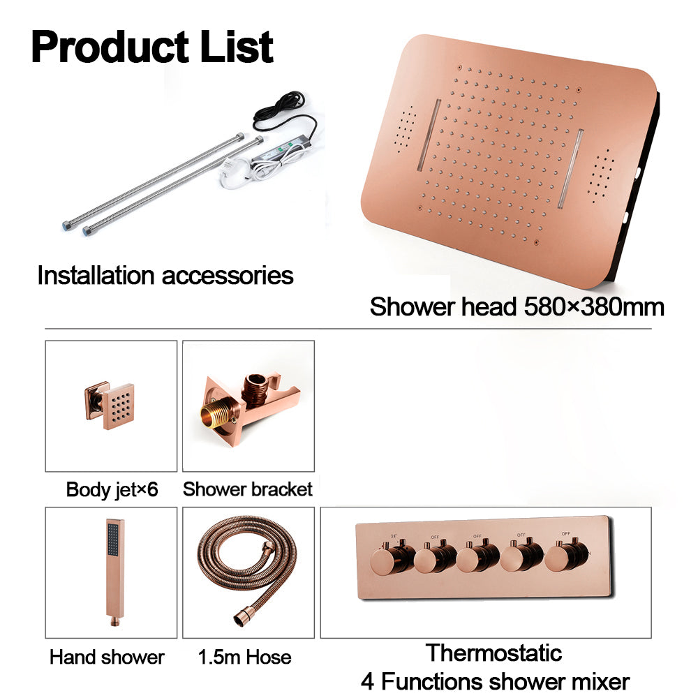 Rose Gold Music 64 LED 4-Way Thermostatic Shower System | Flushed In 23X 15-Inch Shower Head | Functions Operate Together and Separately - wonderland shower inc