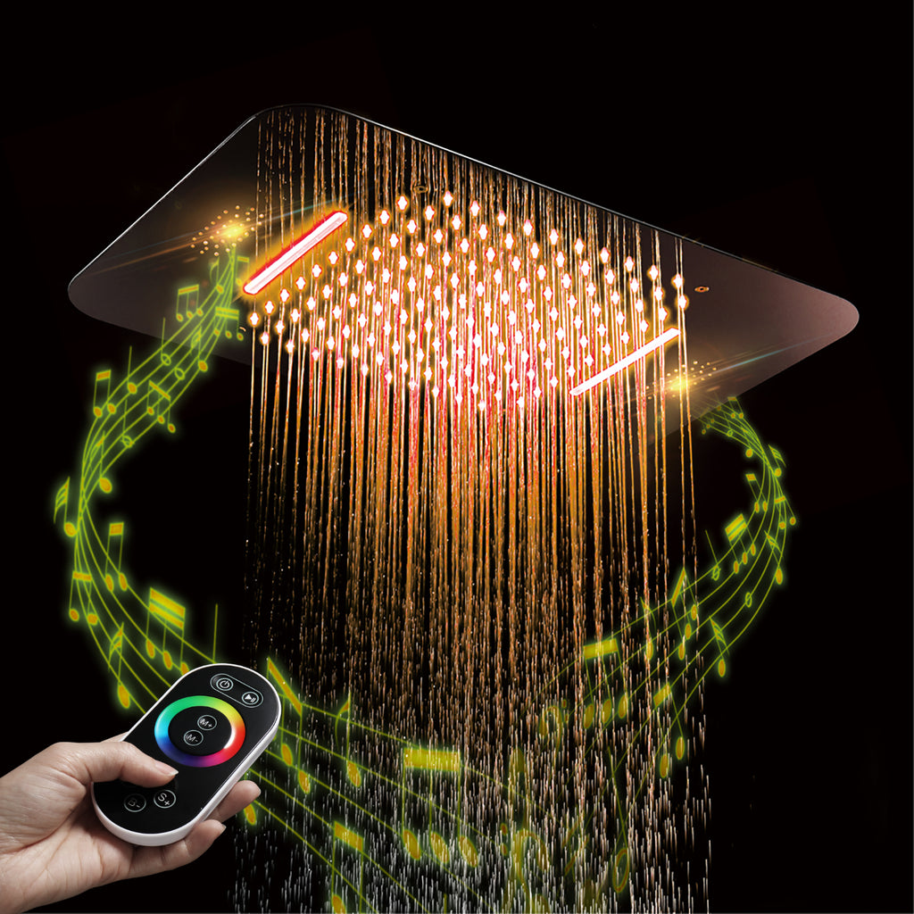 64 LED colors chrome music led flushed in 23x15inch shower head 4 way thermostatic valve that each function run at the same time and separately - wonderland shower inc