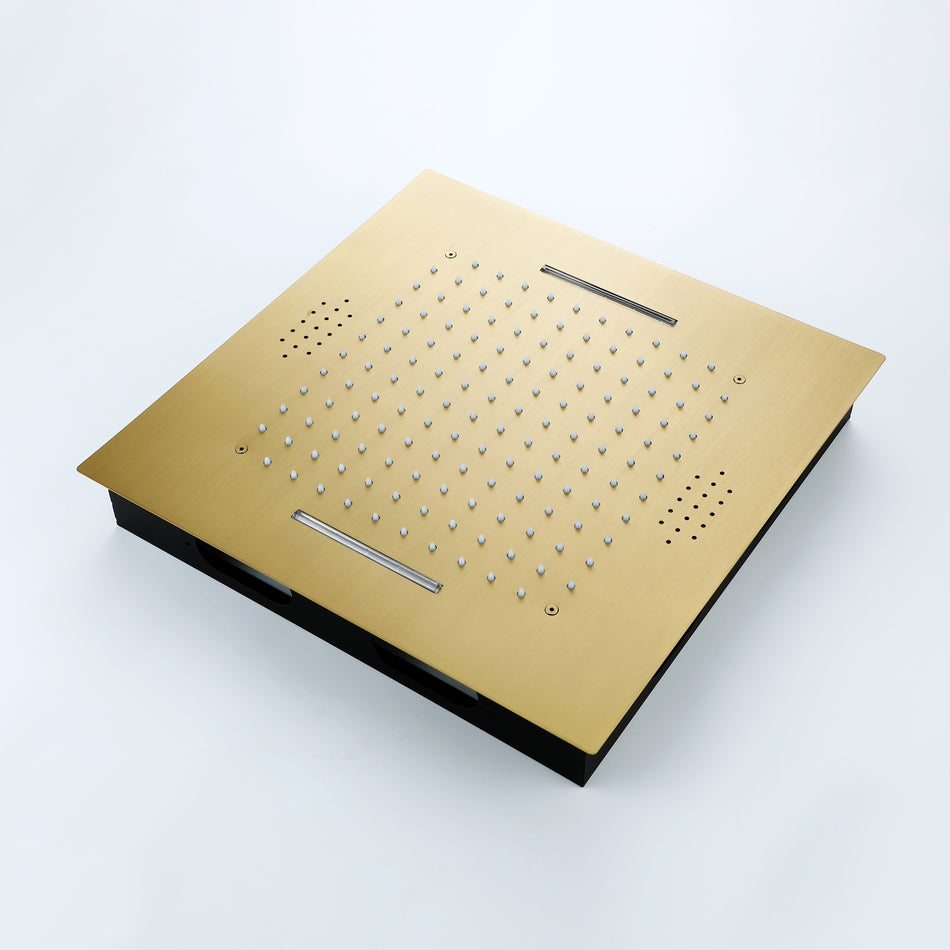 Brushed Gold Music 64 LED lights Flushed mount 20 X 20 inch rain waterfall shower head 4 way Digital display thermostatic valve that each function run all together and separately