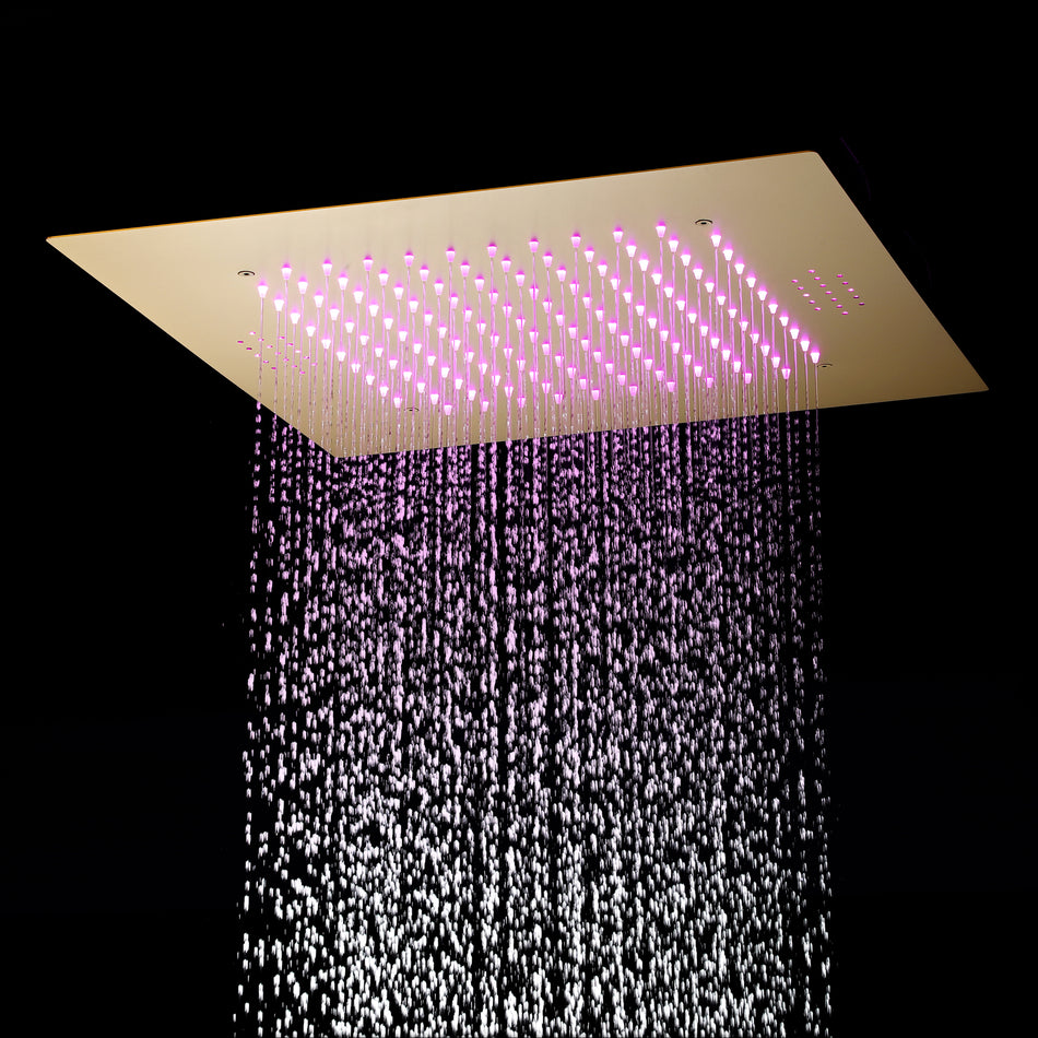 Brushed Gold or Matte Black Or Brushed Nickel 20-Inch Rainfall Shower Head: Bluetooth Music and 64 LED Lights for an Immersive Shower Experience, Flush Mounted for a Sleek Look
