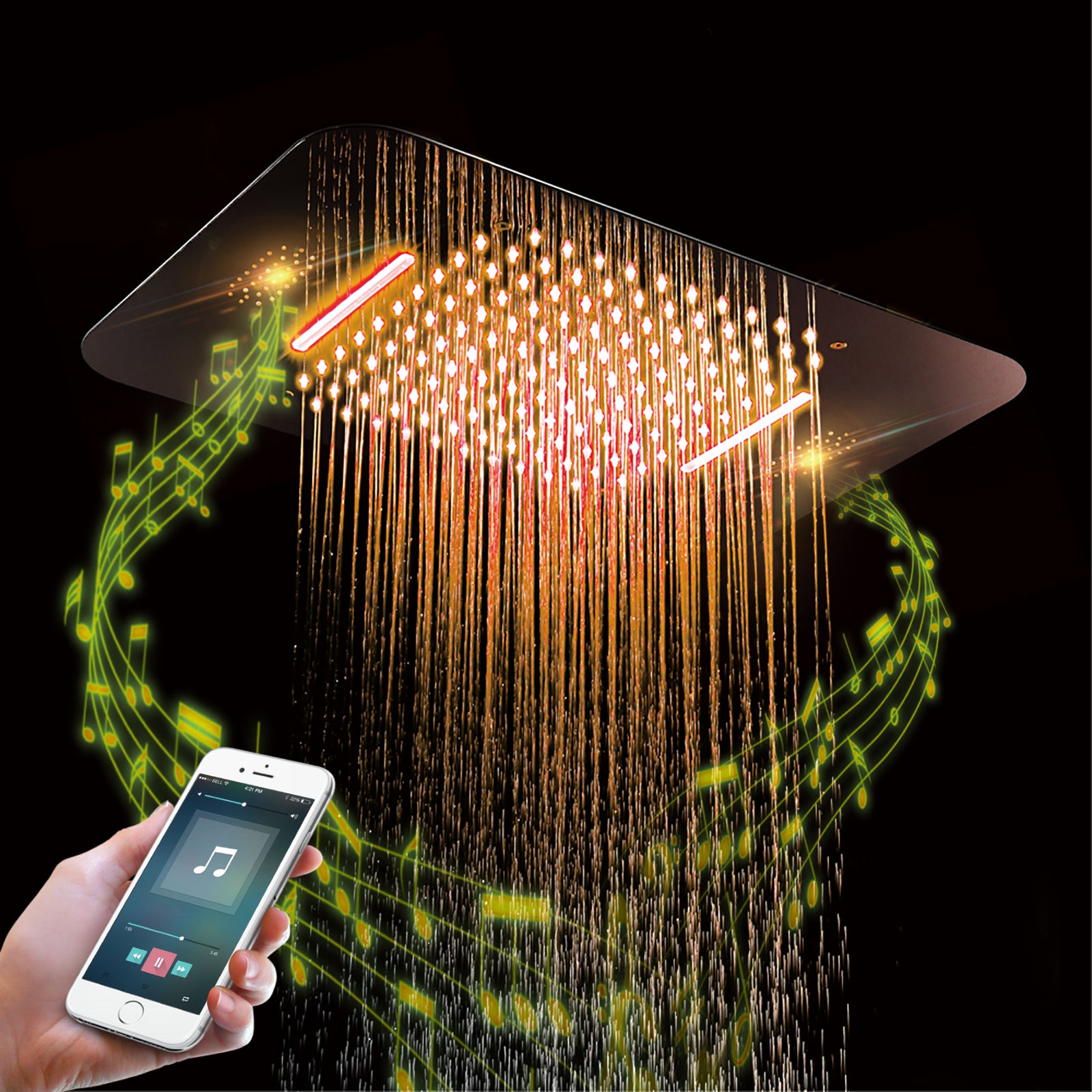 Matte Black 23x15-Inch LED Music Shower Head with 4-Way Thermostatic Shower System and Regular Head - wonderland shower inc