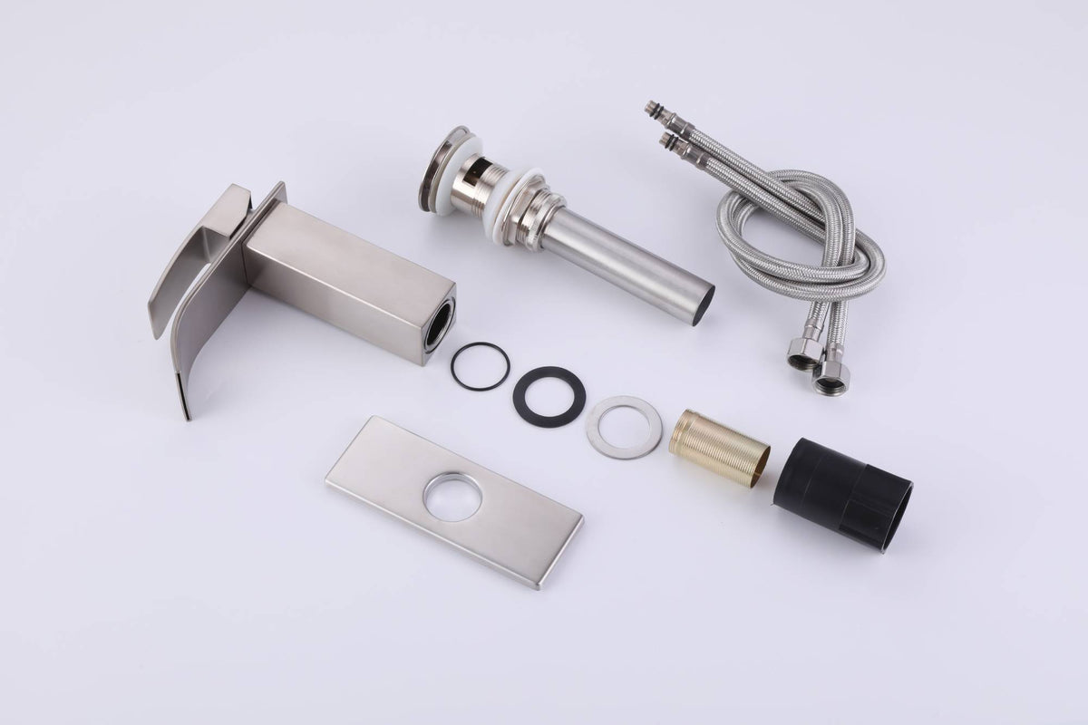 Brushed nickel waterfall Bathroom Faucet brass with plate and brass pop up drain - wonderland shower inc
