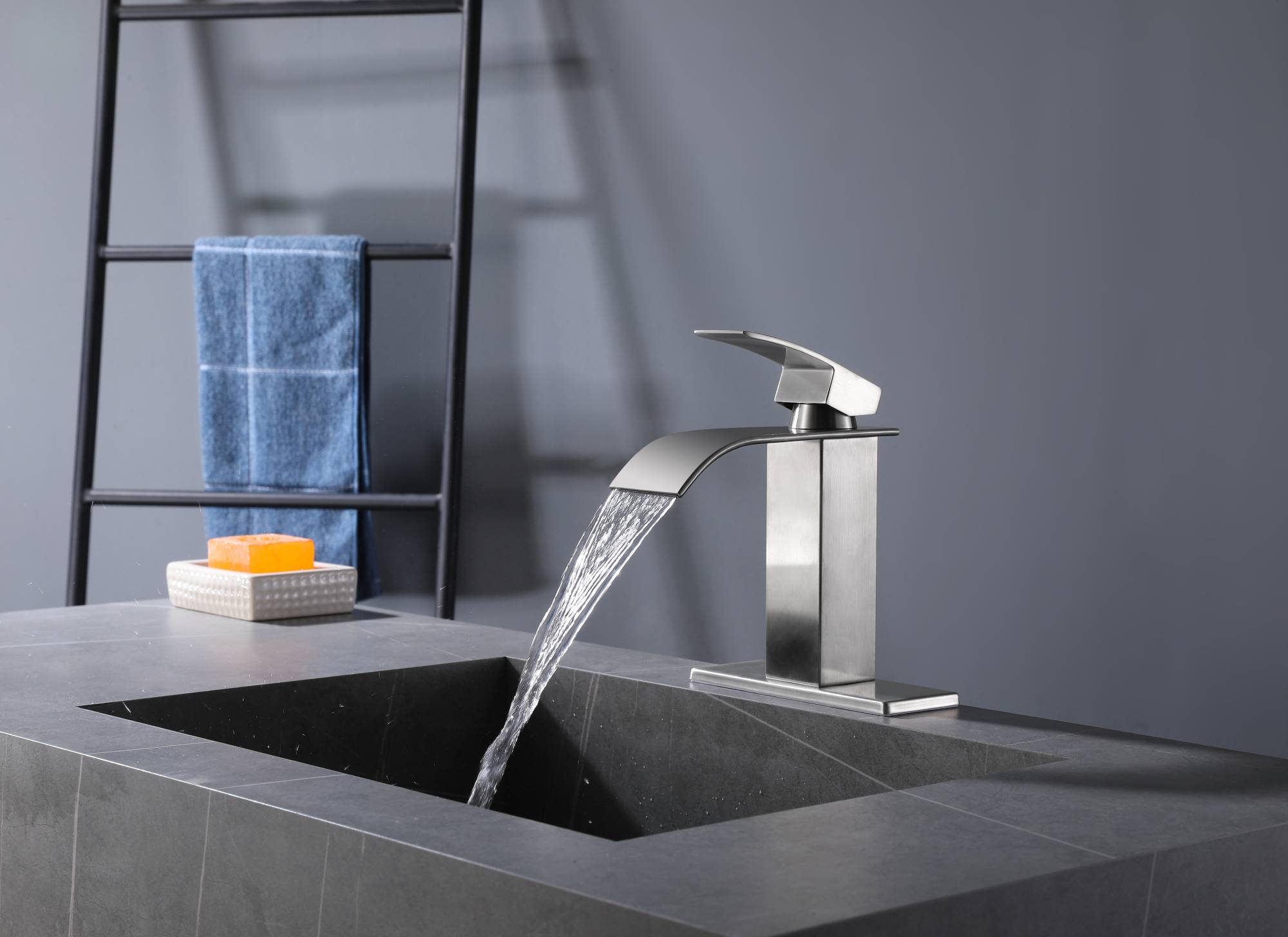 Brushed nickel waterfall Bathroom Faucet brass with plate and brass pop up drain - wonderland shower inc