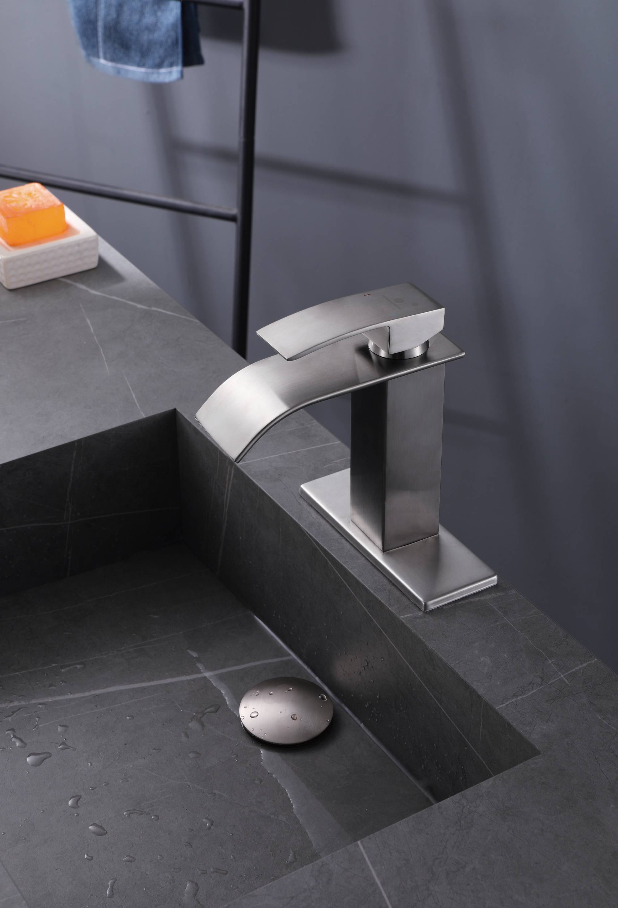 Brushed nickel waterfall Bathroom Faucet brass with plate and brass pop up drain - wonderland shower inc