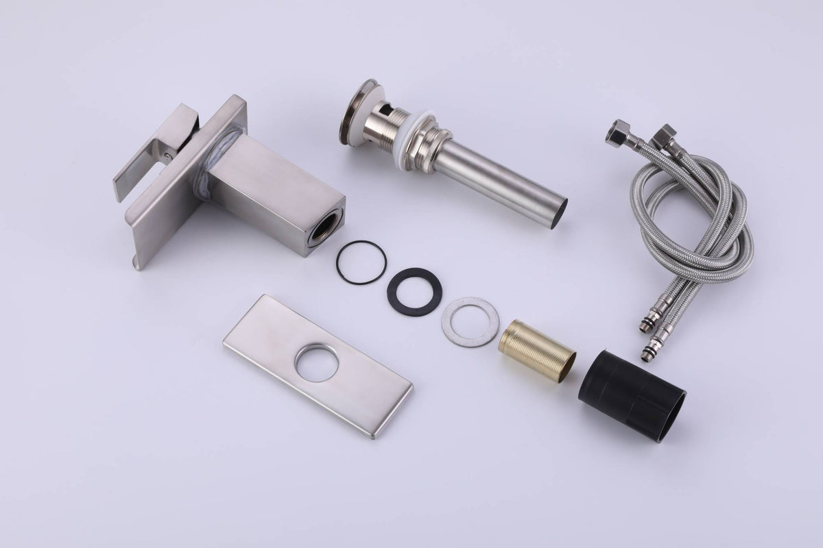 Brushed nickel waterfall 3 LED light single handle brass bathroom faucet with pop up brass drain - wonderland shower inc