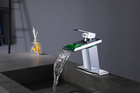 Chrome waterfall 3 LED light single handle brass bathroom faucet with pop up brass drain - wonderland shower inc